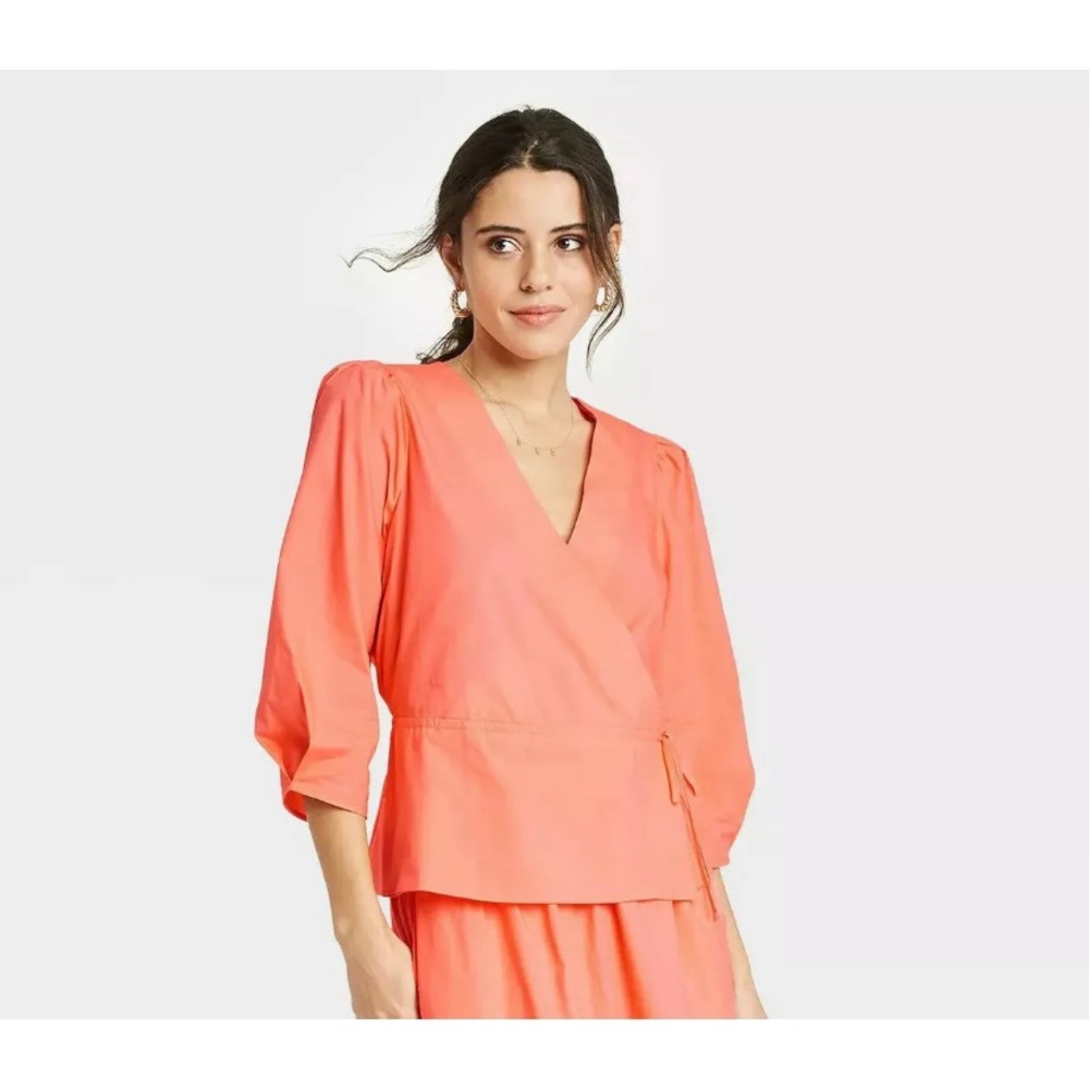 A New Day Peach Faux Wrap Blouse Top Size Medium 100% Cotton NWT